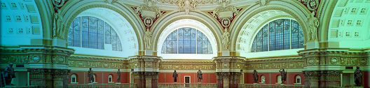 Main Reading Room, upper level statues and windows. Library of Congress Thomas Jefferson Building, Washington, D.C.