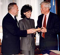Dallas Cowboys owner Jerry Jones and his wife, Gene, present Dr. Billington with a copy of Hermes, or a Philosophical Inquiry Concerning Universal Grammar to launch the effort to reconstruct Thomas Jefferson's library.