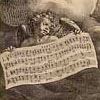 detail of print showing an angel holding a sheet of music
