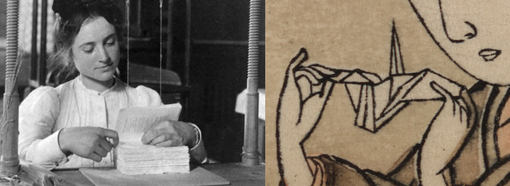 woman sewing a book and girl holding an origami crane