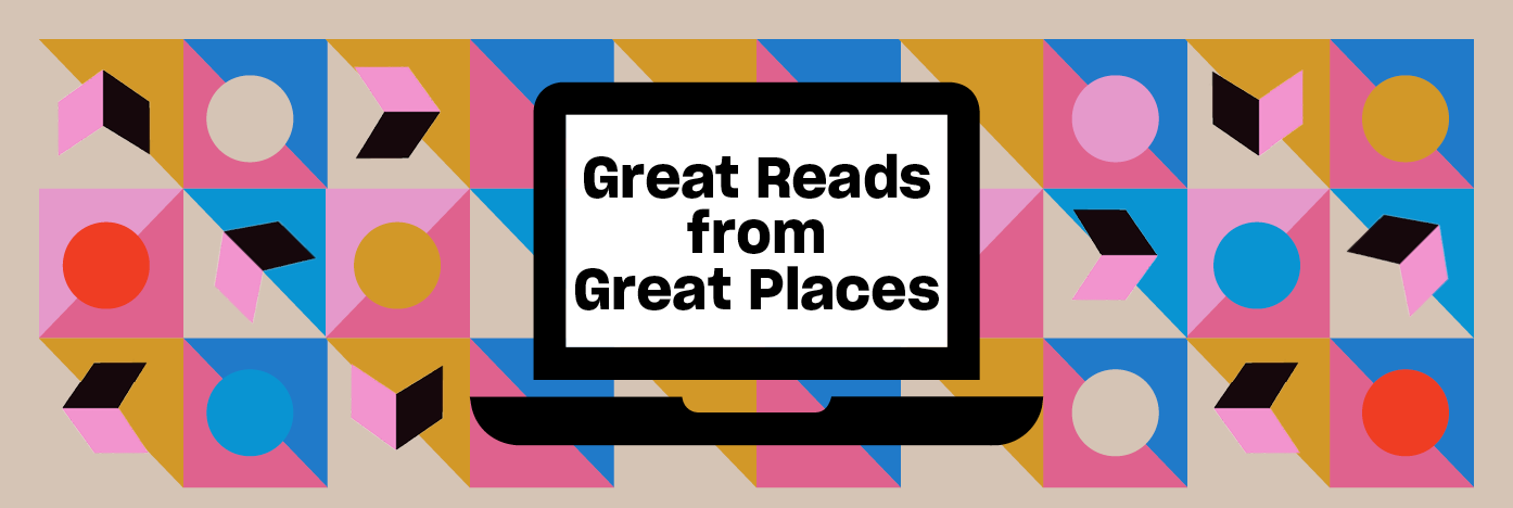 “Great Reads from Great Places” appears on the screen of an open laptop, surrounded by circles and open books over a geometric pattern of triangles.