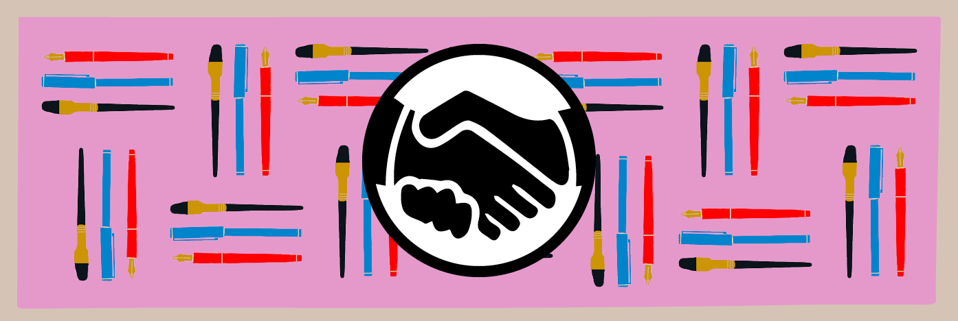 Two hands clasped together in a handshake, over a geometric pattern of pens and paintbrushes.