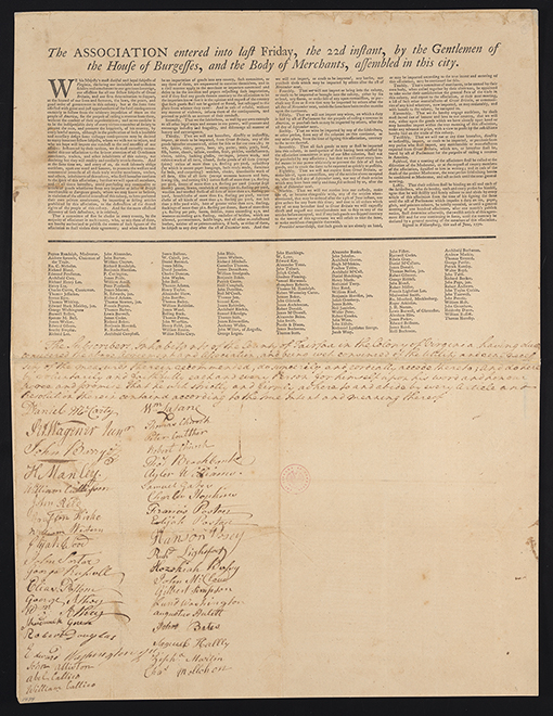 A printed agreement with Washington’s handwritten pledge below and signatures at the bottom.