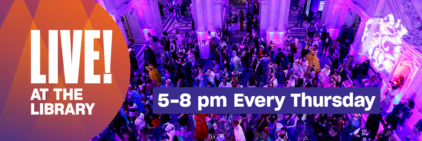 A large crowd of people socialize in the Great Hall of the Thomas Jefferson Building, viewed from
above, with colorful lighting effects. The words “Live! At the Library, 5-8pm Every Thursday”
are superimposed over the graphic.
