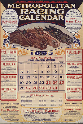 Poster shows three horse heads racing neck in neck above the days in March and ads for 8 race locations.

