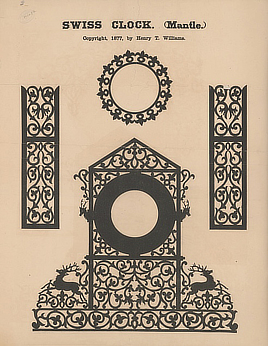 Two-page spread shows intricate black patterns for a clock case.
