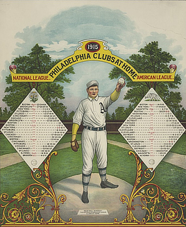 Color poster shows a pitcher on the mound about to throw a baseball. The National and American League schedules are in diamonds on the left and right.
