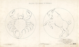 Two line drawings show two Zodiac signs inside circles: a scorpion and a goat.
