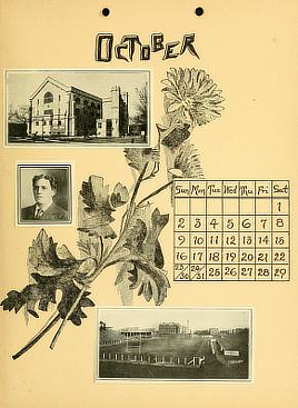 Yellowed page with photos of campus buildings and a stadium. There is also a drawing of some flowers and the weeks/days of the month.
