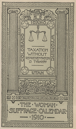 Advertisement with neoclassical decoration and the states, Idaho, Wyoming, Colorado, and Utah bordering a set of scales and the words “Taxation without representation is tyranny."
