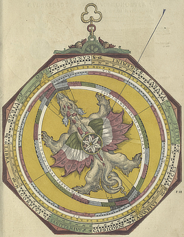 Color illustration shows a dragon in the center of discs marked with numbers and zodiac signs.
