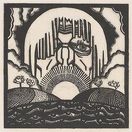 Print shows huge male head with frosty locks arching above plowed fields and bare trees
