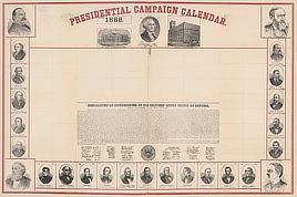 Portraits of U.S. presidents surround the border with George Washington at top center. Includes text of the Declaration of Independence. Area for calendar is blank.

