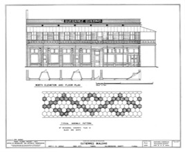 Drawing of the front exterior of the Gutierrez Building. A sample tile pattern for a sidewalk is illustrated below.