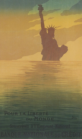 A shadowed Statue of Liberty can be seen on the horizon of a body of water in a color illustration.