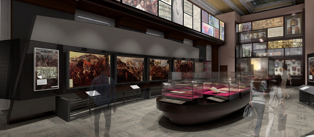 A drawing shows the design planned for the Library’s new Kislak Gallery, which includes display cases that contain fascinating objects, large images on the walls and digital panels that show various collection items.

