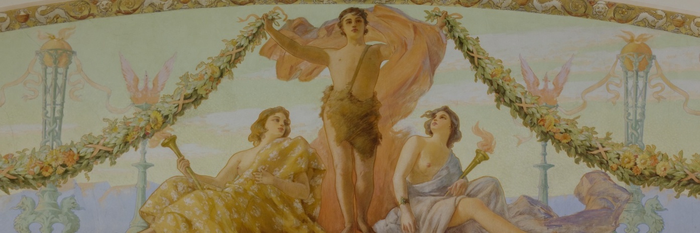 A section of the upper wall of a room in the Jefferson Building with a man and two women representing fire of the four elements.