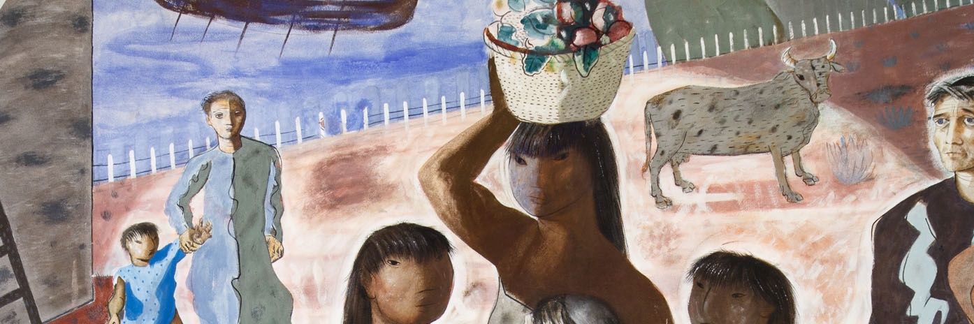 Color photo of detail in fresco painting depicting interaction between European Friars and Indigenous peoples
