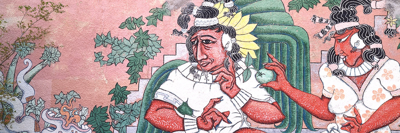 Color photo of mural depicting two Indigenous figures in which one offers the other a fruit
