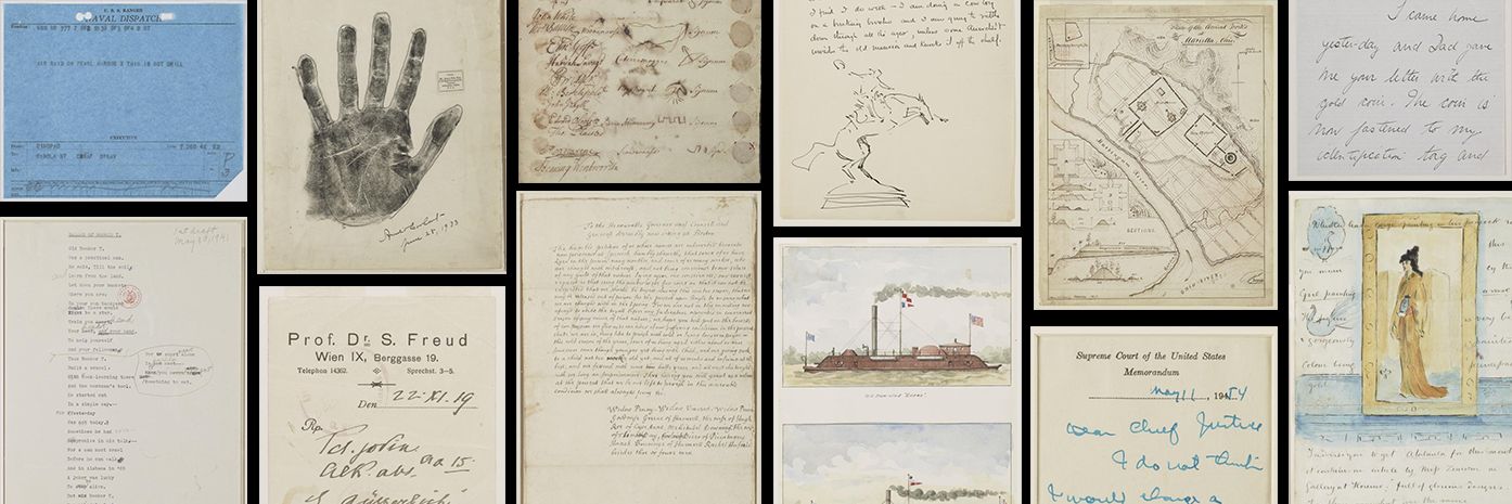 A collage of many types of manuscript collection items including handwritten letters, watercolor drawings, and a telegram.