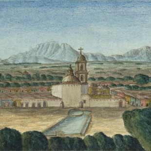 Colorful illustration titled “Sketch of Amattitan Looking West” of Amatitán, state of Jalisco, Mexico.
